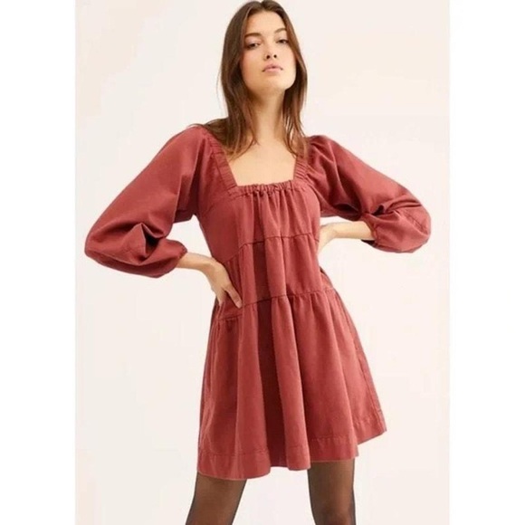 Free People Lou Jean Babydoll Dress - Square Neck Puff Long Sleeve Mini Dress - Picture 1 of 4